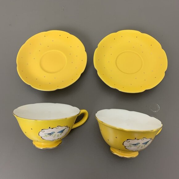 Anthropologie Blue Bird Yellow Teacup Saucer Set of 2 Cups Gold Polka Dots - Picture 3 of 13